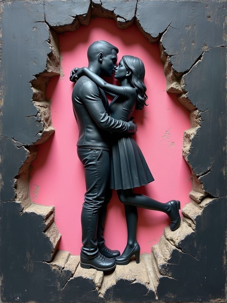 Chalkboard Bas-Relief: Embrace Through Broken Walls
