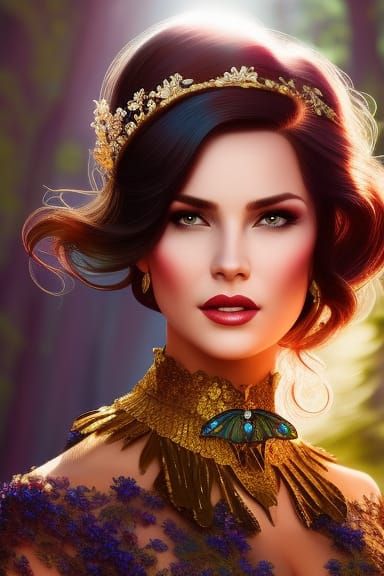 A very attractive brunette wearing a beautiful blue dress while walking in the woods