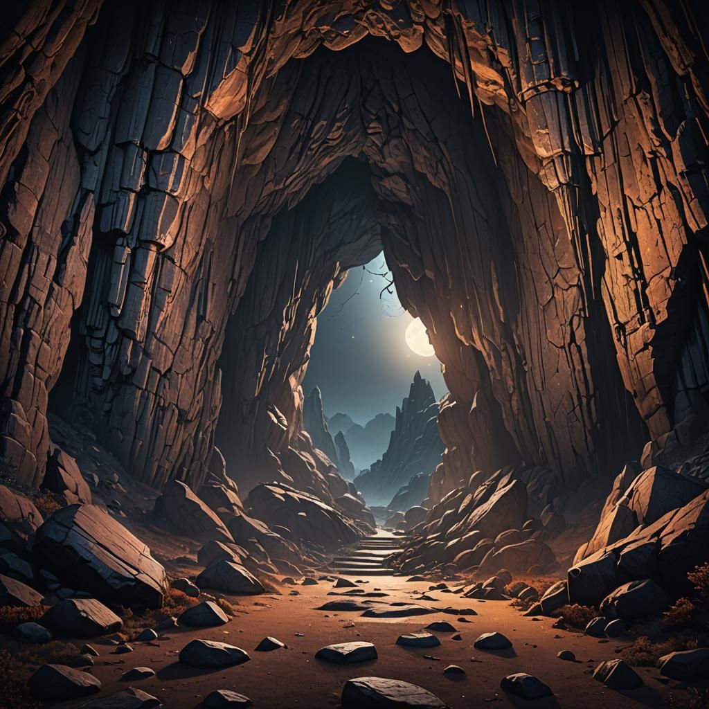 Cave Entrance Revealed on Moonlit Night
