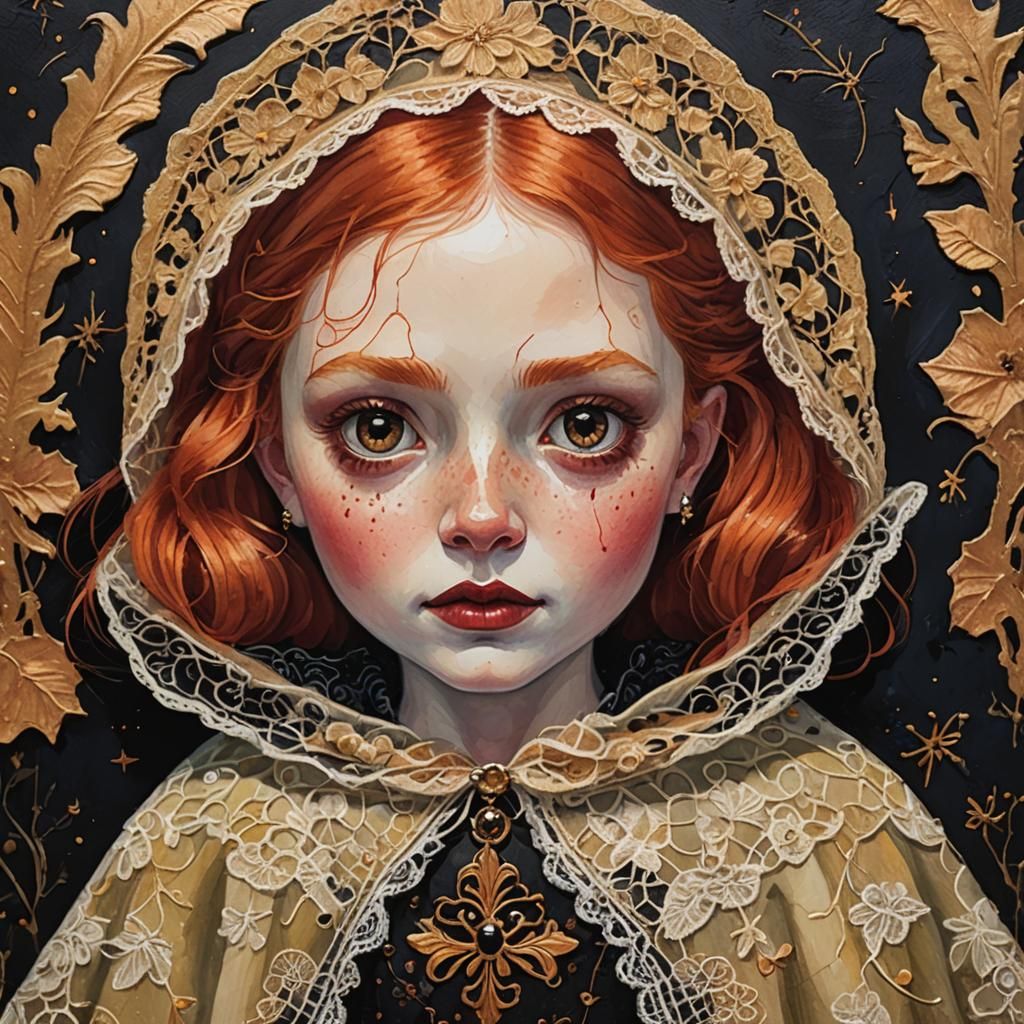 Redhead Vampire Girl Portrait in Folk Art Style