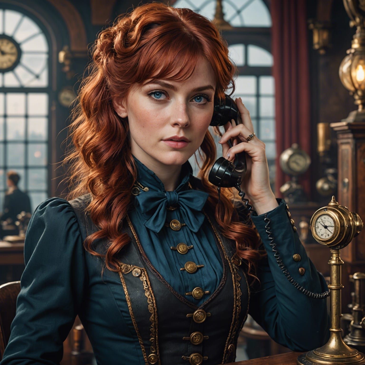 Steampunk Woman with Telephone, Detailed Matte Painting
