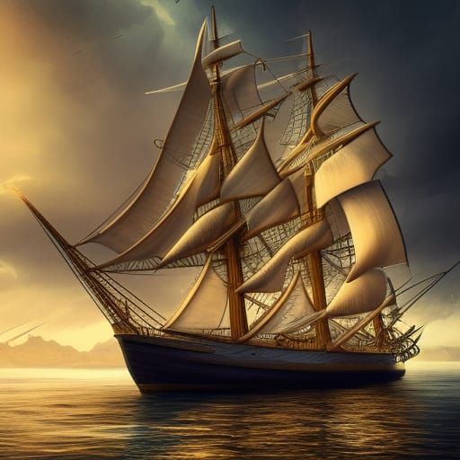 Geometric Sailing Ship on Stormy Sea