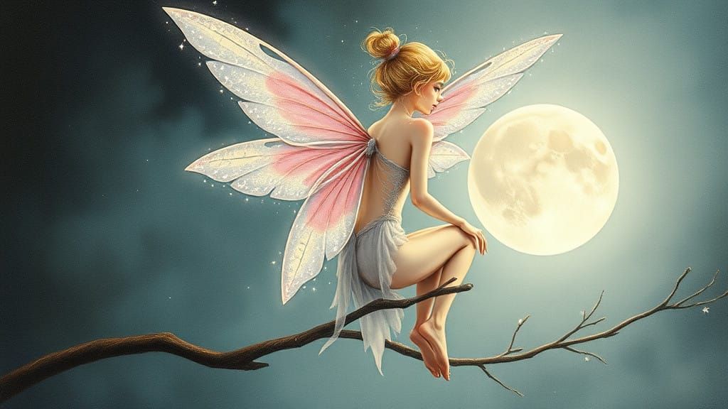 Enchanted Fairy Sits Aloft on a Tree Branch