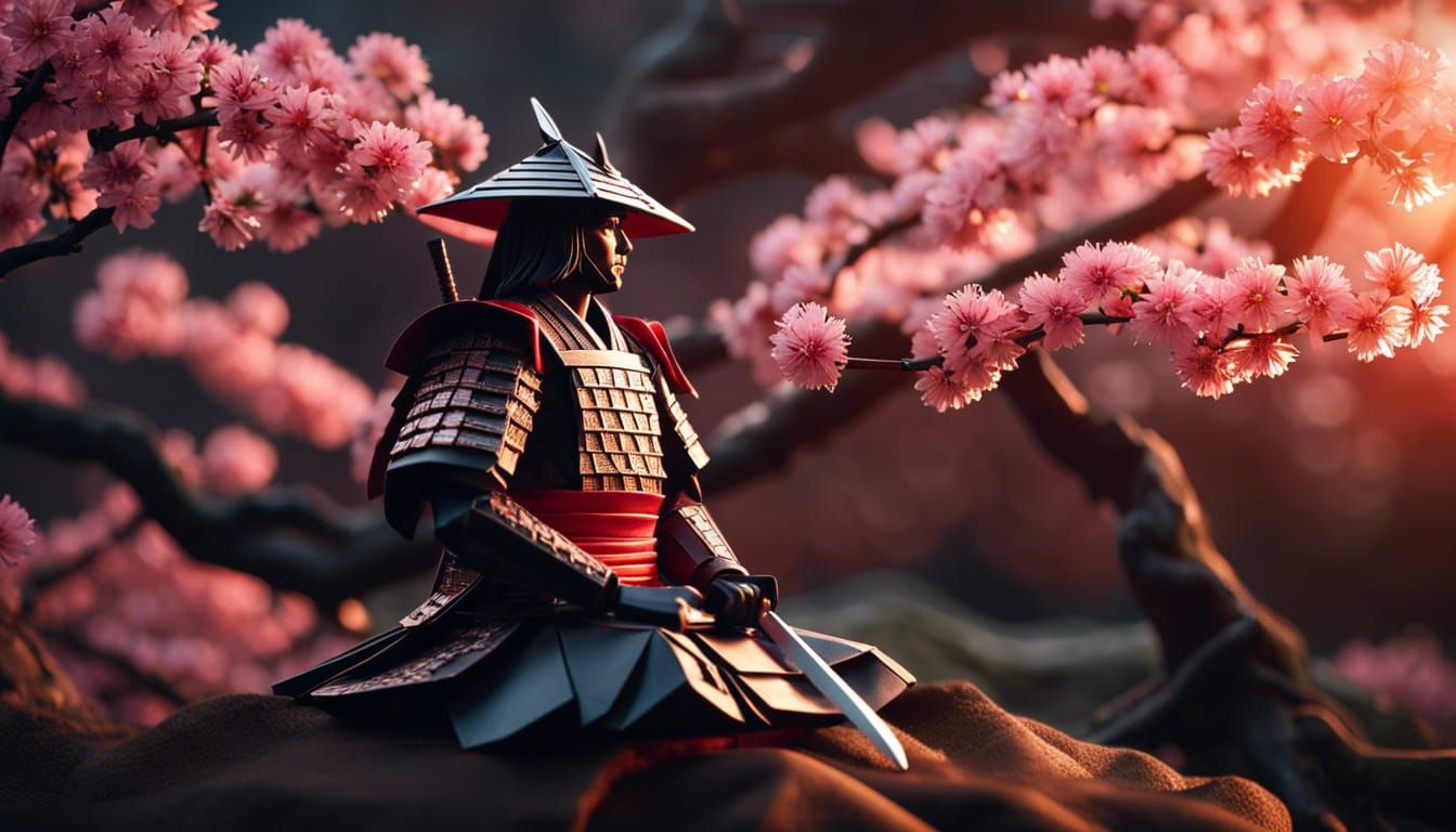 Origami Samurai in Feudal Japan at Sunset