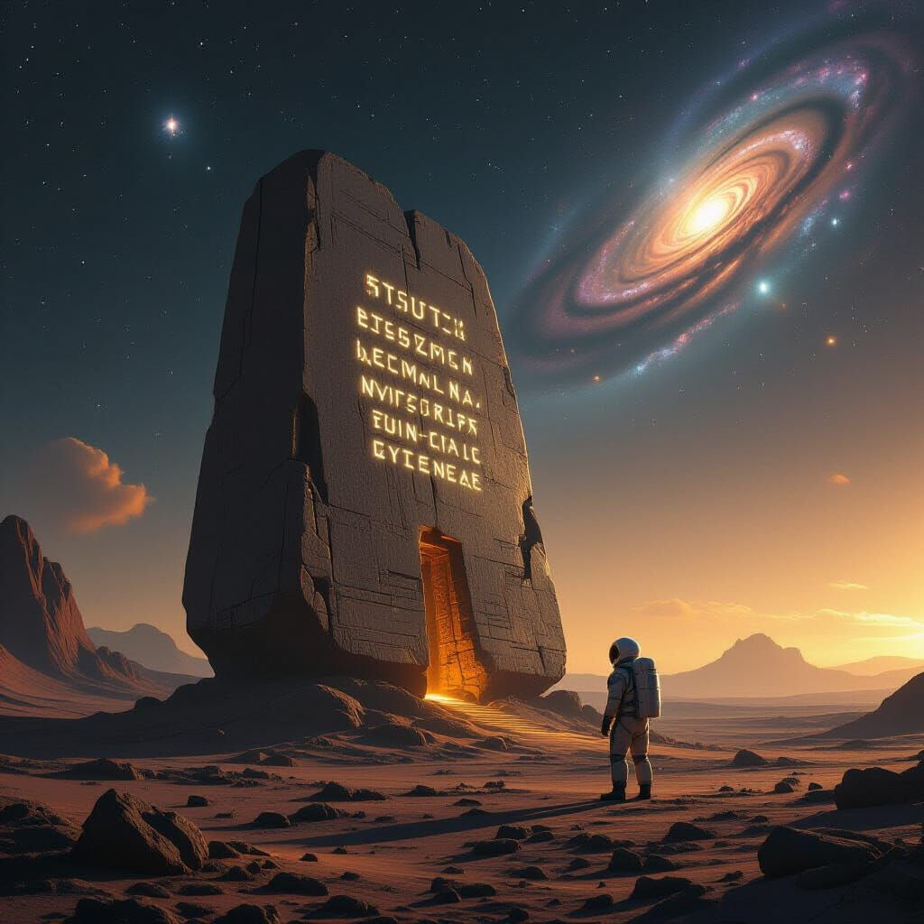 Astronaut and Monolith on Exoplanet as Film Still