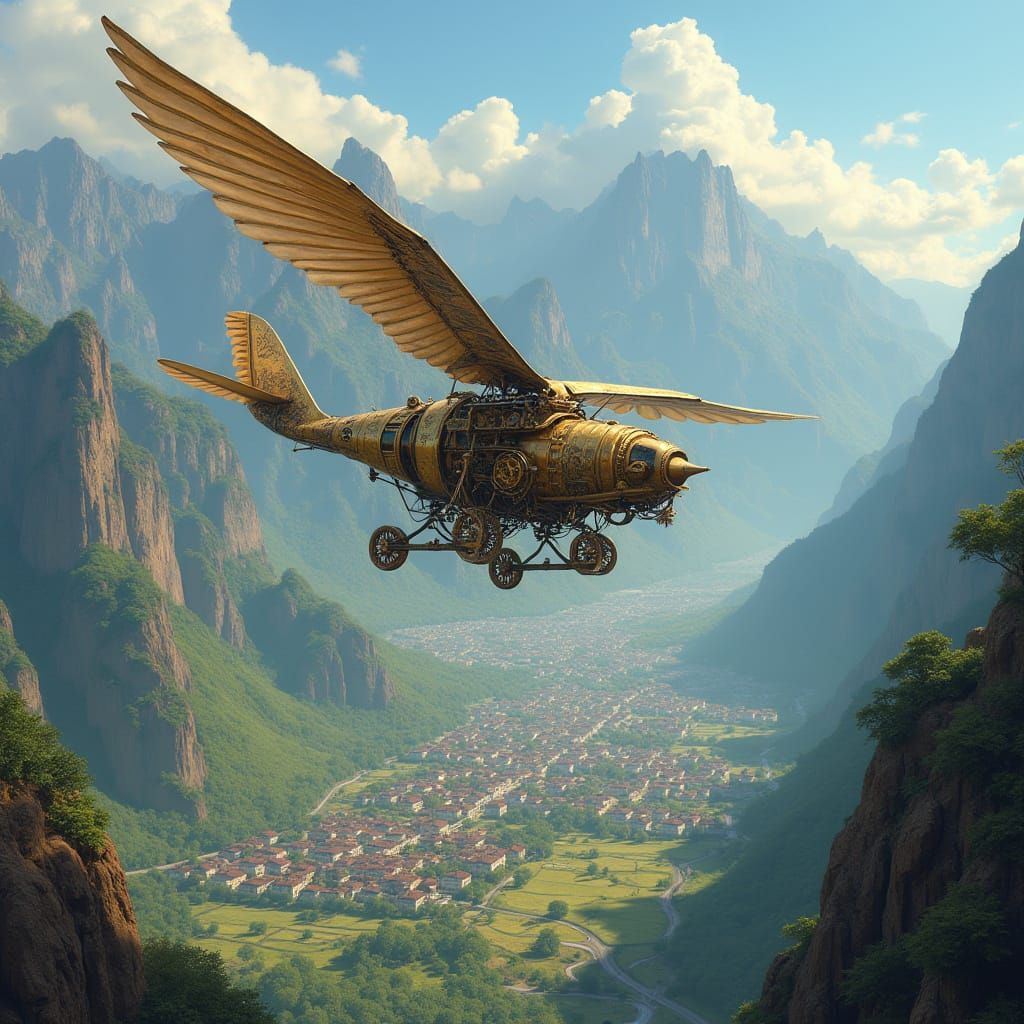 Steampunk Ornithopter Soaring Over Victorian Cityscape
