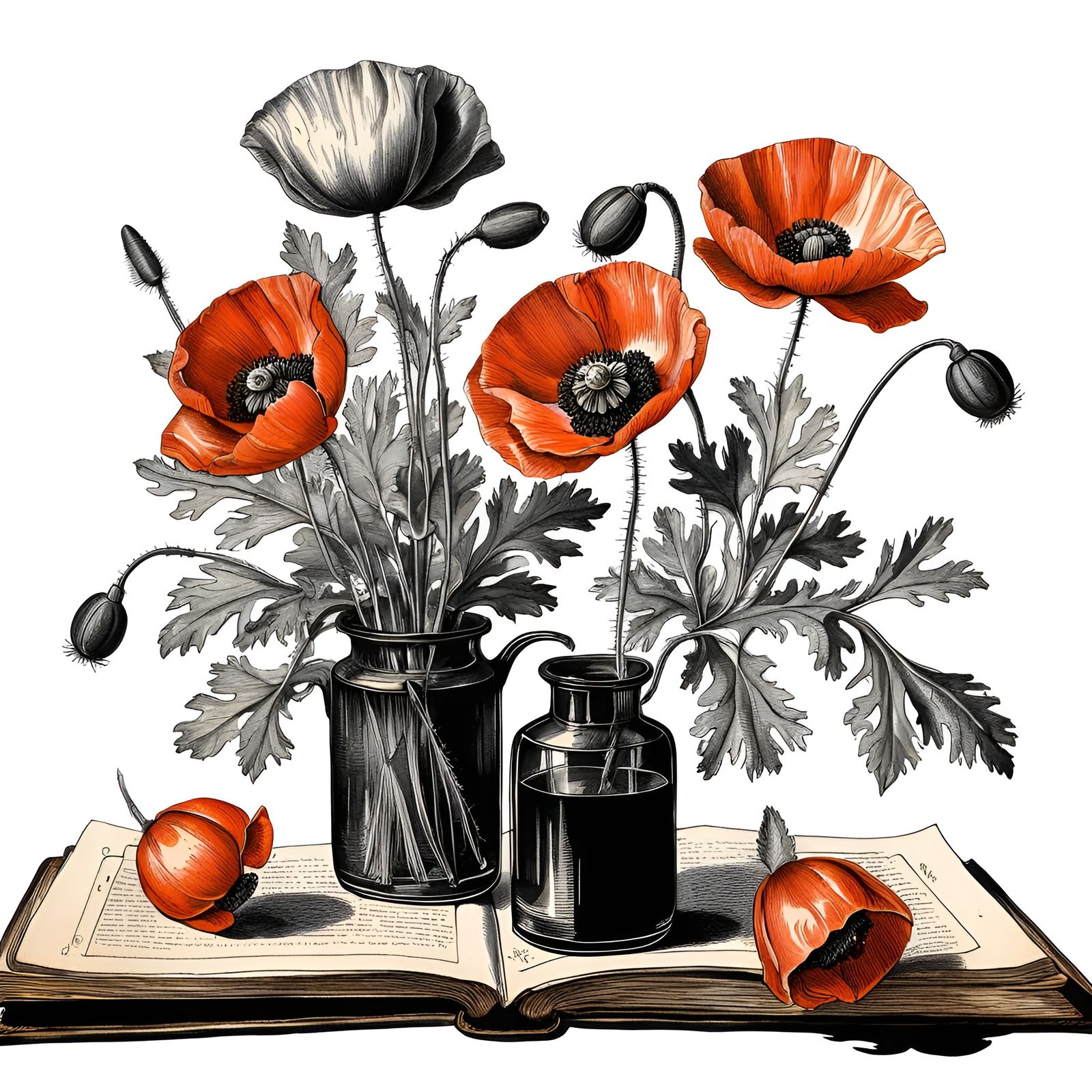 Botanical Ink Drawing - Poppies