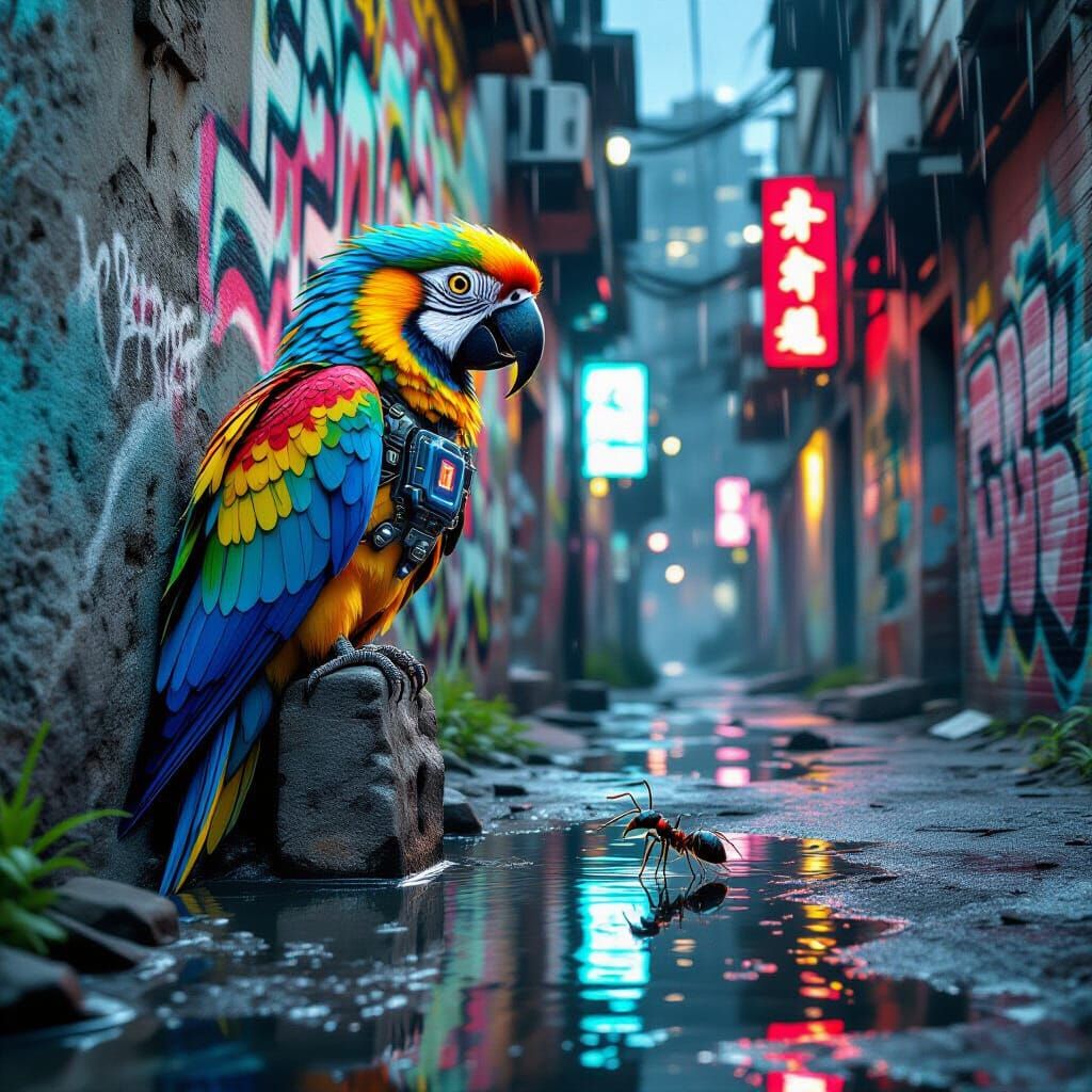 Cyber Parrot on Graffiti Wall in Futuristic Alleyway