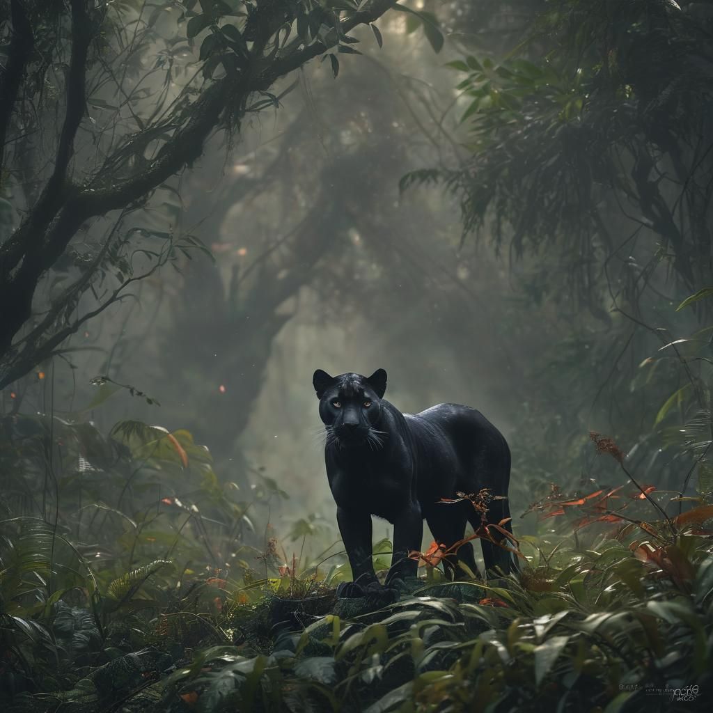 Black Panther in Jungle: Hyper-Realistic Wildlife Photograph...