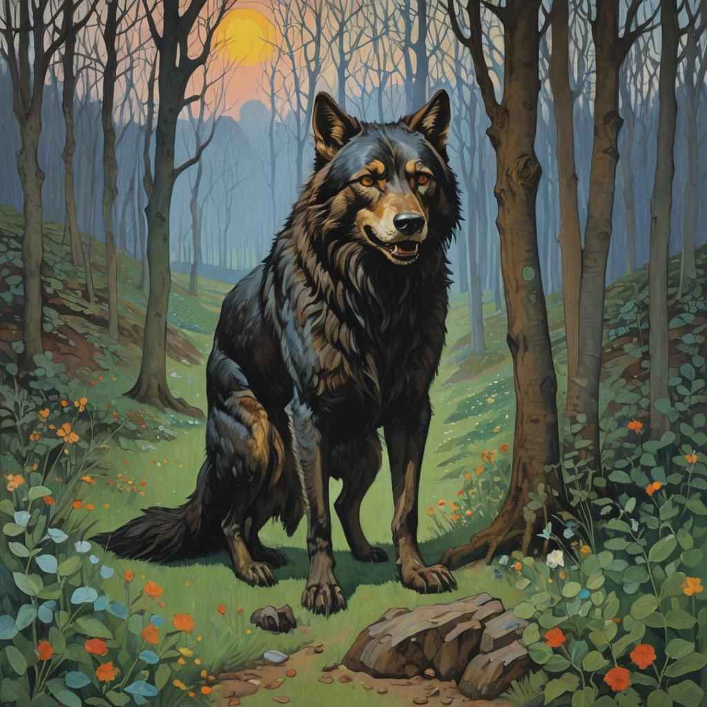 Werewolf at Dawn: Gouache Illustration in Thiebaud Style