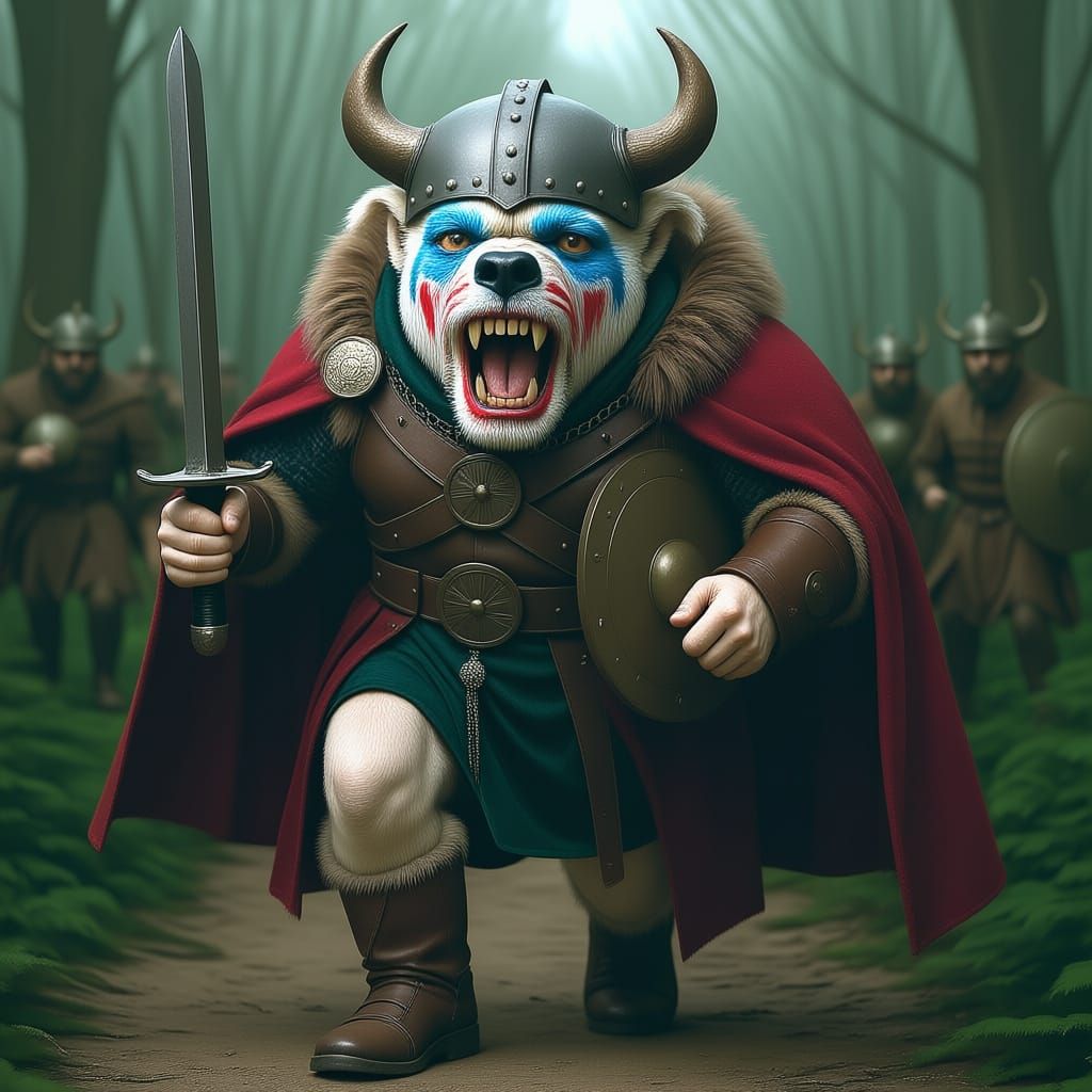 Bulldog Warrior in Viking Attire with Clown Paint