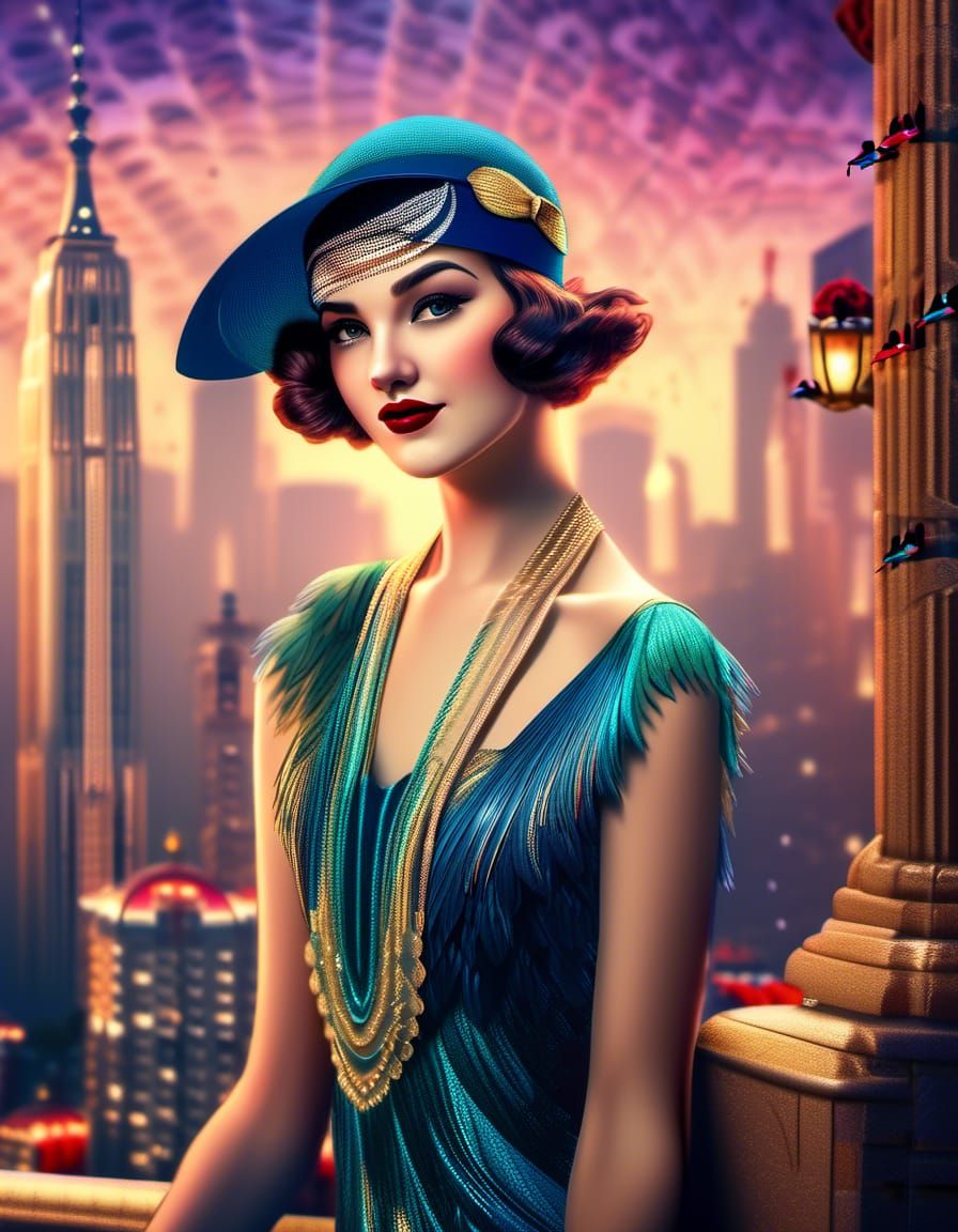 Retro Flapper Model with Peacocks in Klimt Style