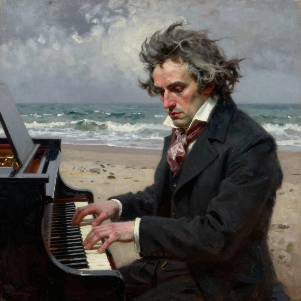 Beethoven Plays Piano on Windswept Beach Oil Painting