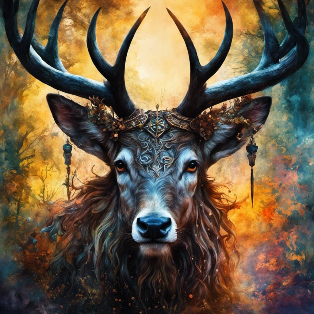 Cernunnos, Gaelic Horned God in Watercolor Style