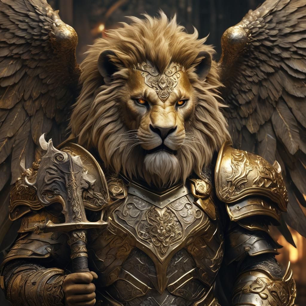 Angelic Lion Warrior in Golden Armor Fantasy Art
