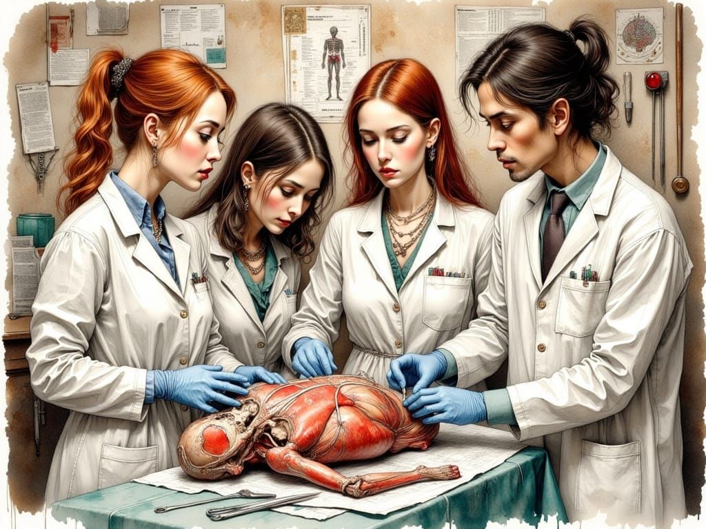 Medical Students at Dissection Table in Ink Style