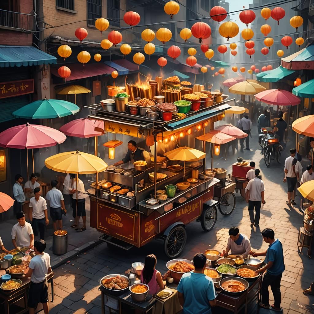 Vibrant Street Food Scene as Oil Painting