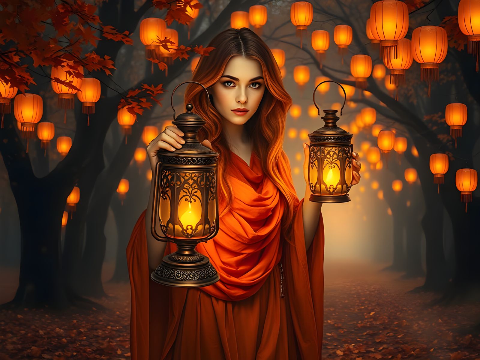 Ethereal Woman with Lantern in Autumn Forest