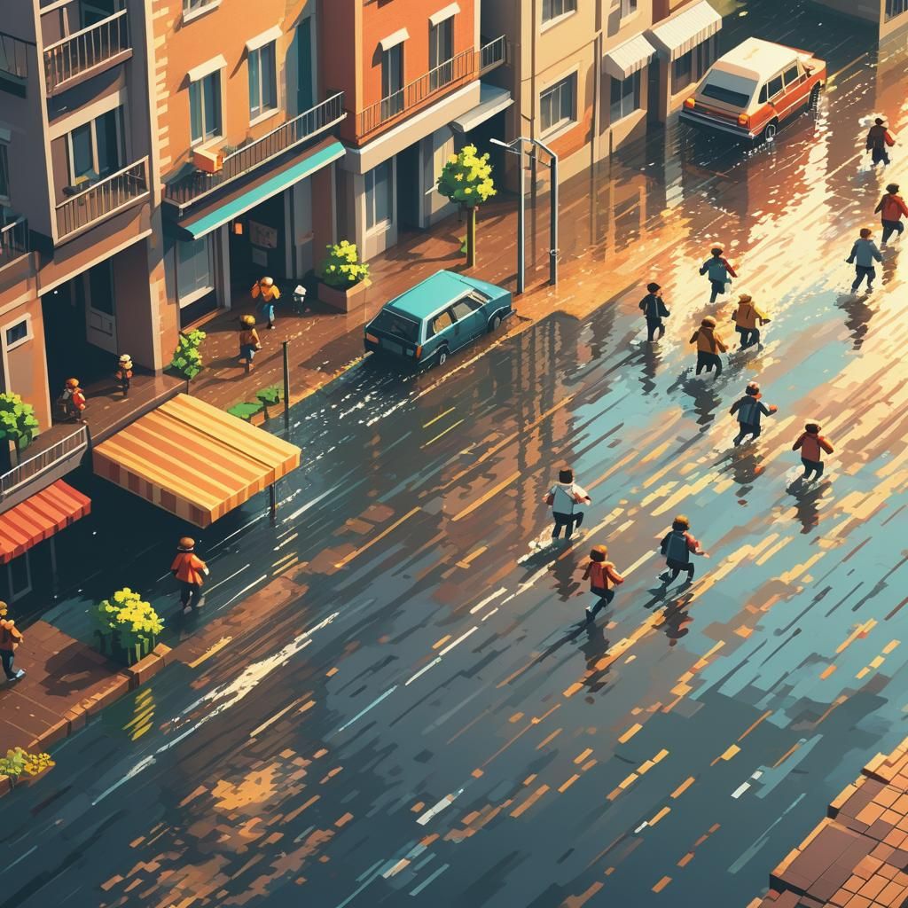 Pixel Art Flood in Cityscape