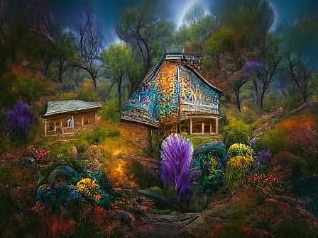 Cabin bungalow jacaranda garden Gustave Dore Stygian fantasy wonderland landscape scenic view wallpaper magnificent arch...