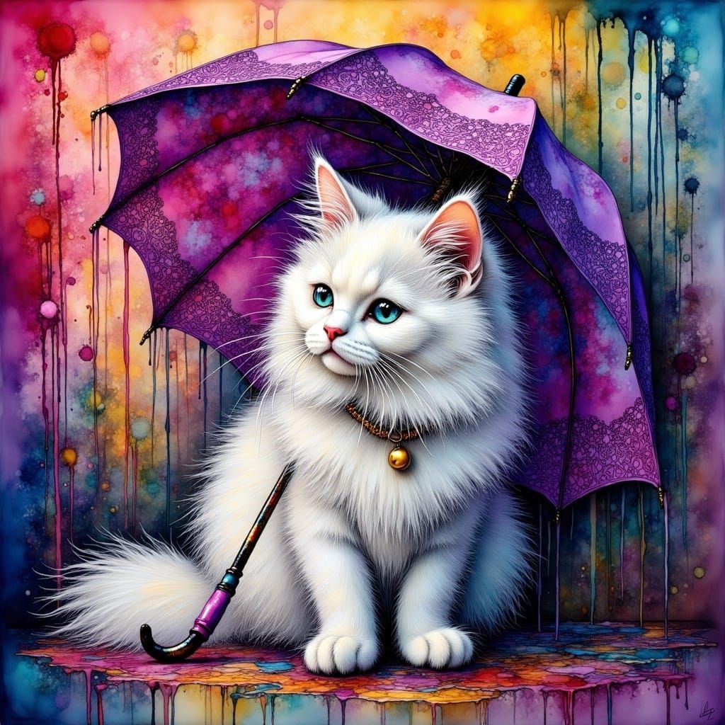 Regal Feline Under Baroque Umbrella in Whimsical Art