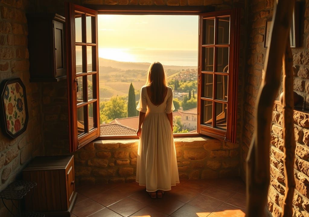 Italian Villa View: Serene Woman in Golden Light