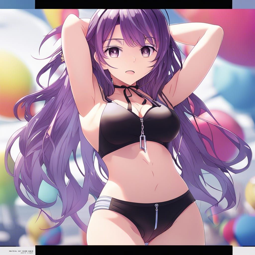 Anime Woman with Purple Hair in Swimsuit