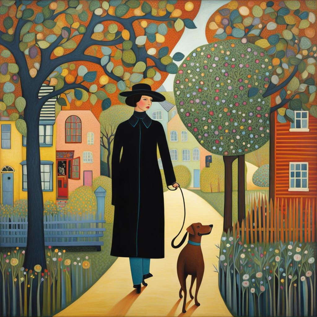 Man Walking Dog in Vibrant, Stylized Environment