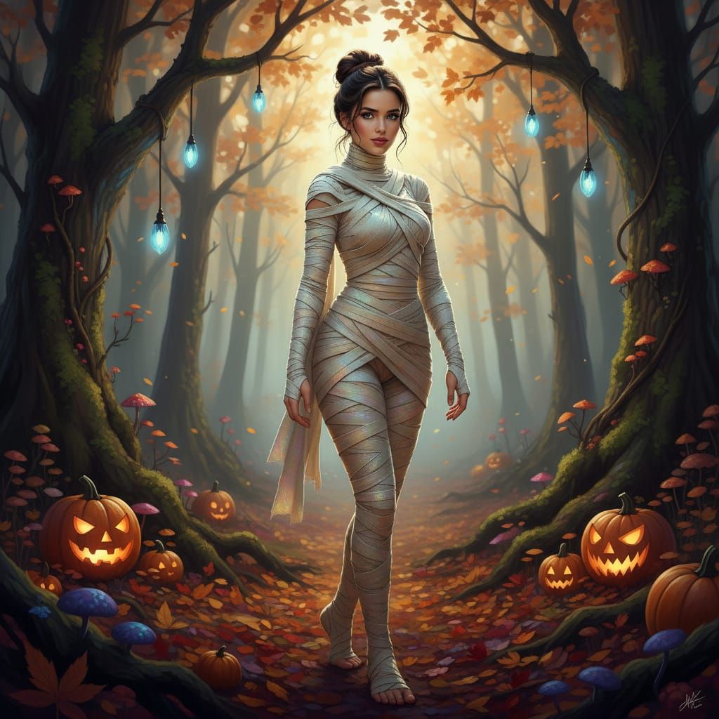 Beautiful Woman in Mummy Costume in Autumn Forest