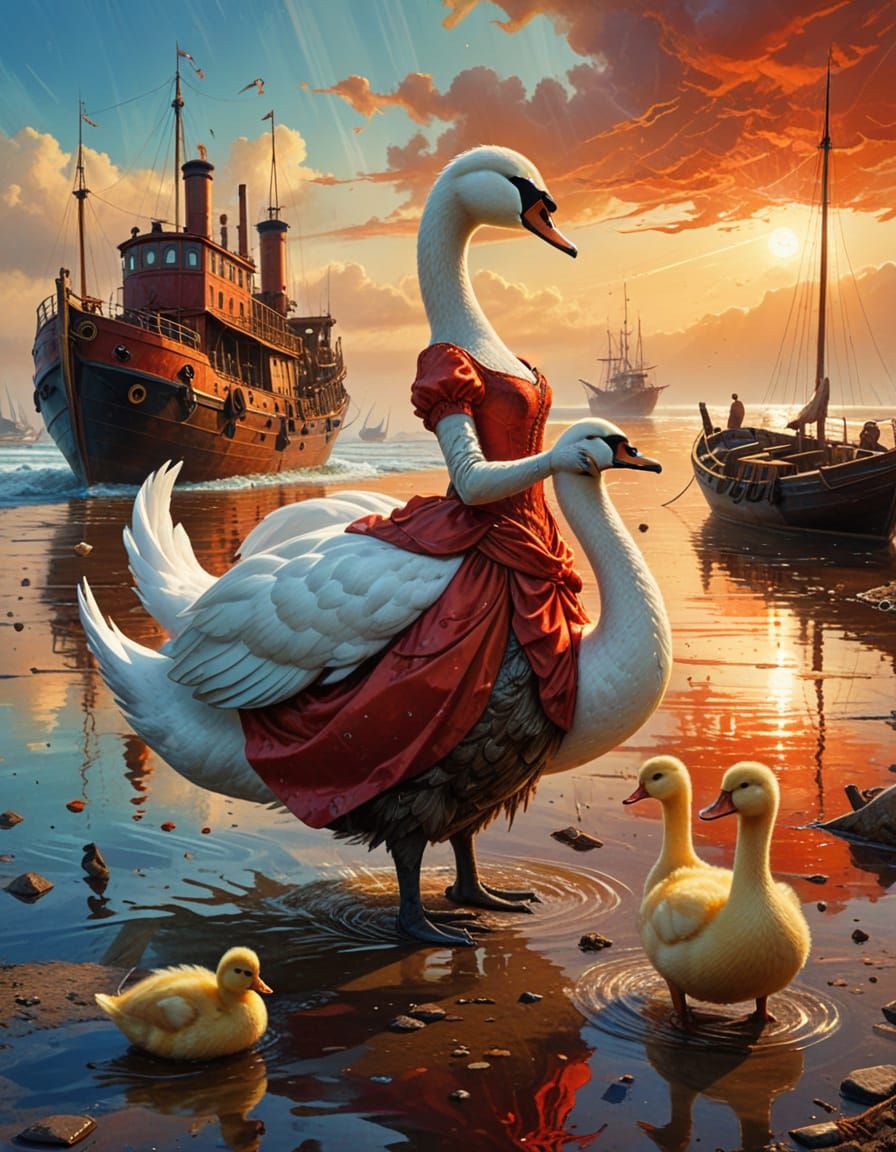 Whimsical Swan in Red Dress on Steampunk Beach