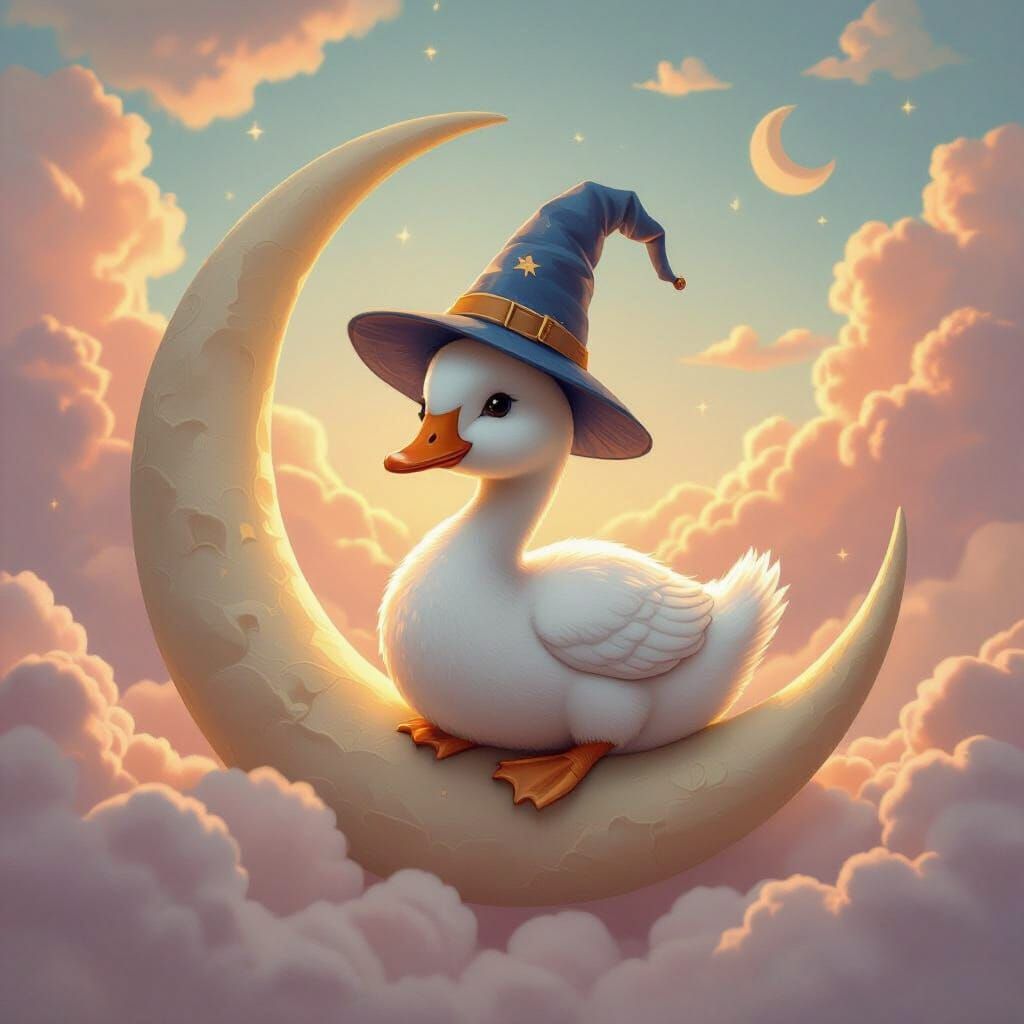 Whimsical Wizard Goose on the Moon in Pastel Colors