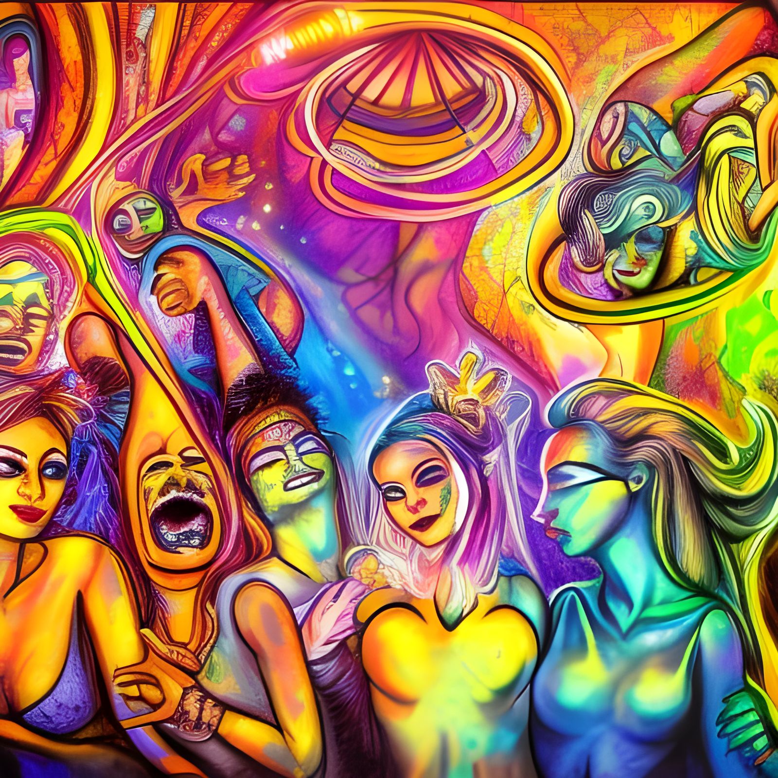 Baby DJ at Crowded LSD Techno Party in Graffiti Art