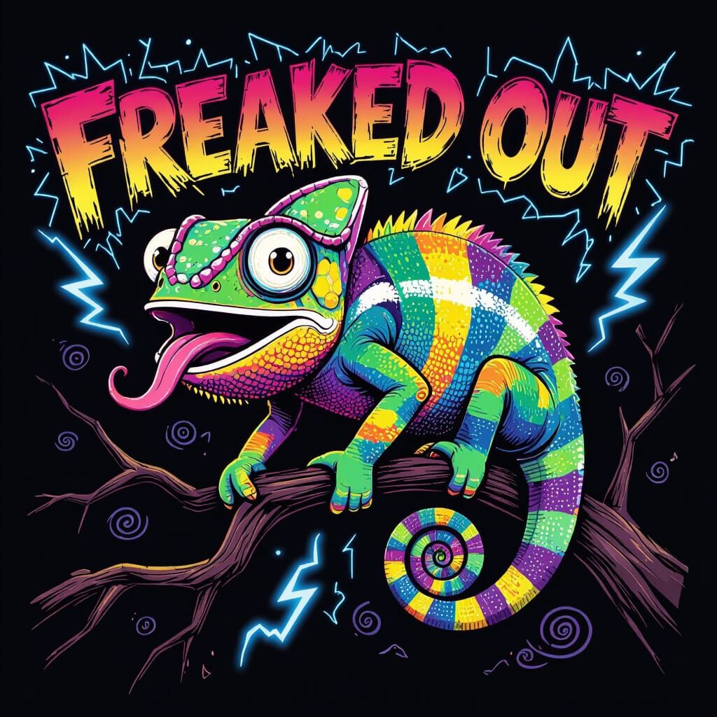 Neon Chameleon Color Shift in Comic Book Style