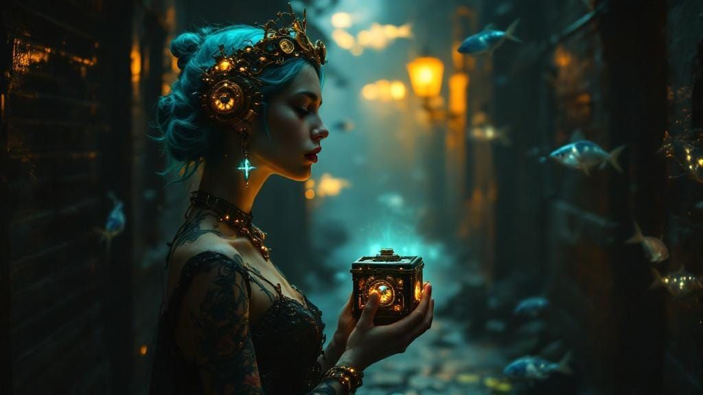 Steampunk Woman with Mechanical Box in Dreamy Setting