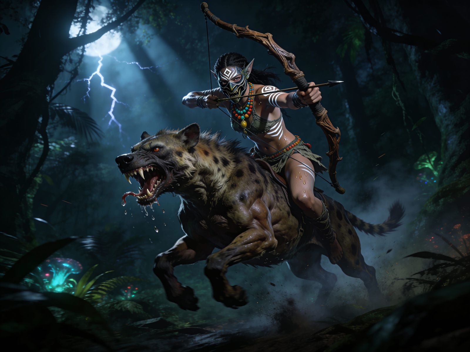 Elven Warrior Chases Through Moonlit Jungle