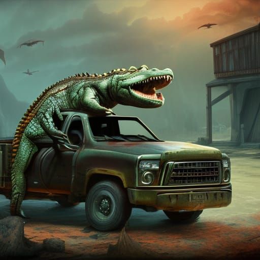 Crocodile Driving a Truck: Detailed Matte Painting