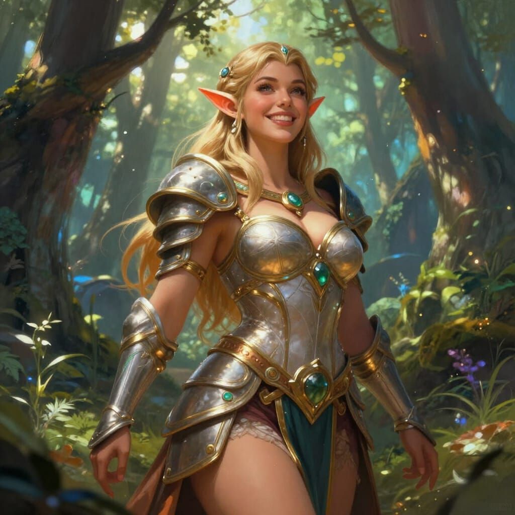 Exuberant Elf Woman in Enchanted Forest