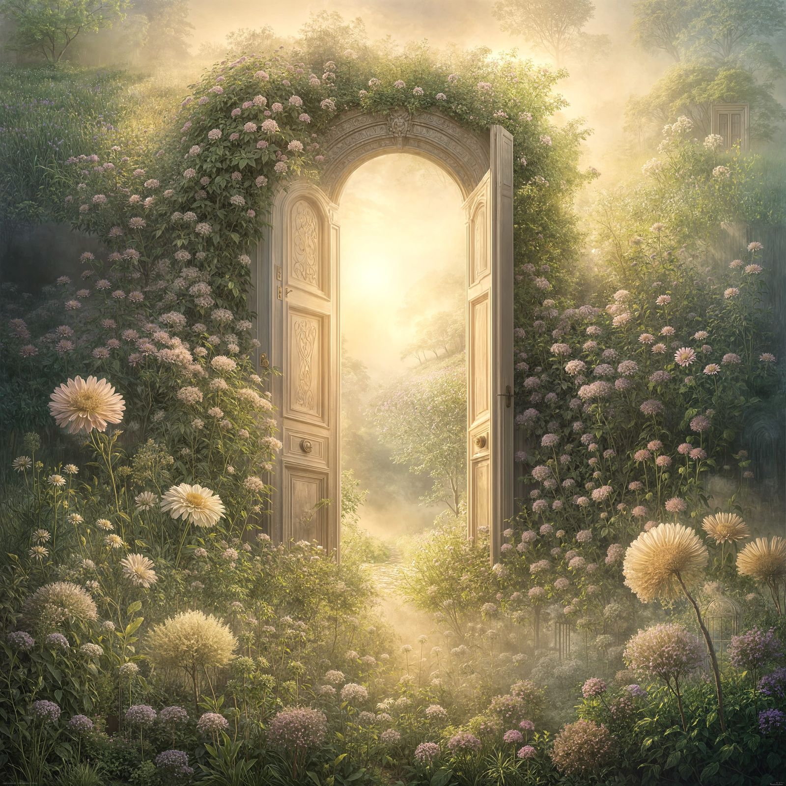 Floral Door in Meadow: Surreal Oil Painting
