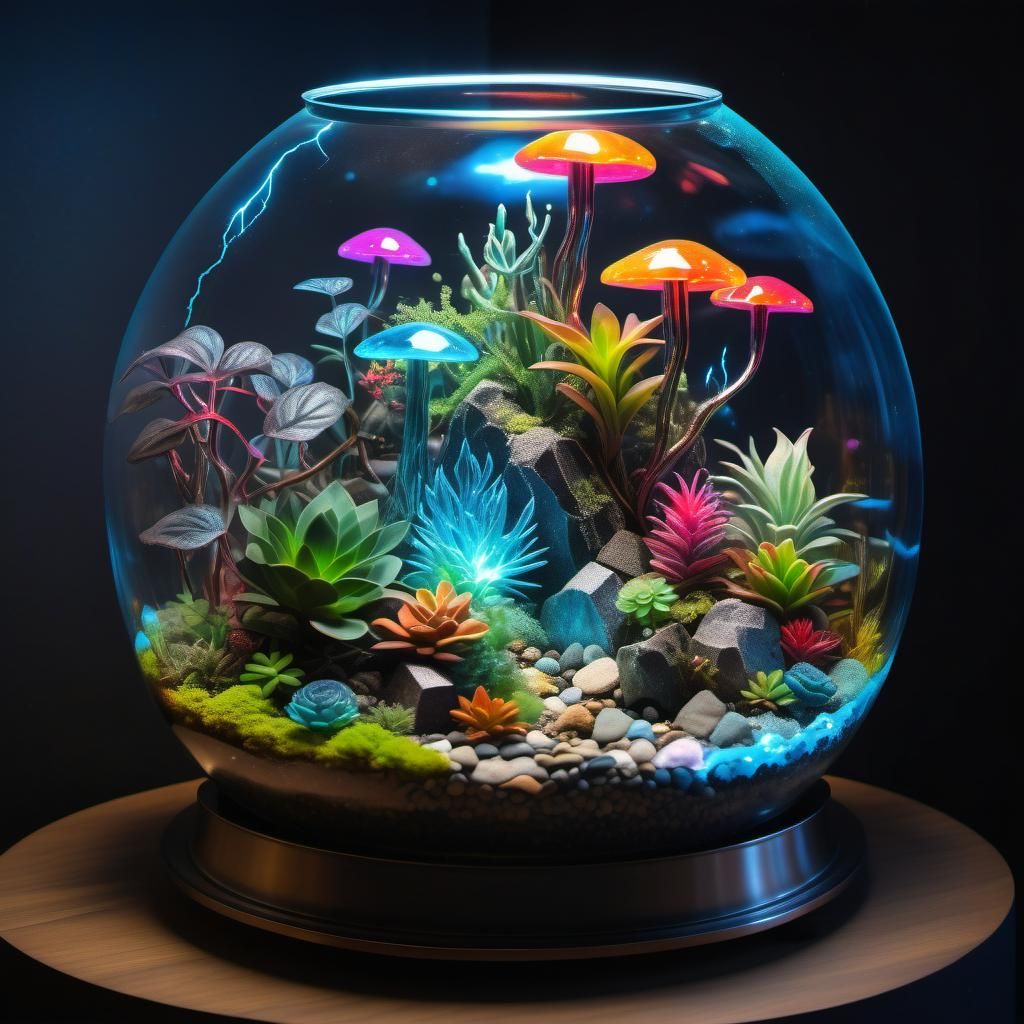 Vibrant Alien Plants in Bioluminescent Terrarium