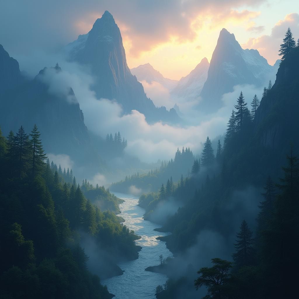 Ethereal Misty Mountains in Dreamlike Digital Art