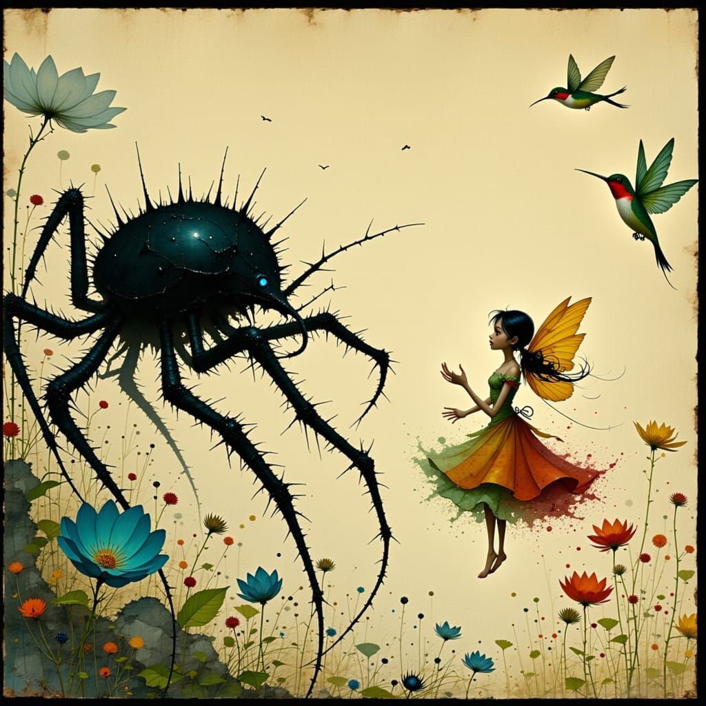 Armored Spider's Whimsical Battle with Hummingbird Fairies