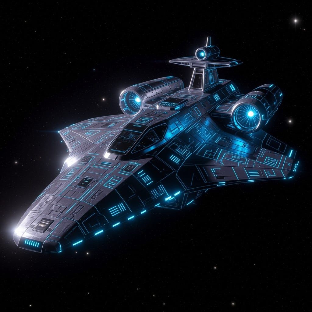 Gigantic Futuristic Starship with Metallic Surfaces and Puls...