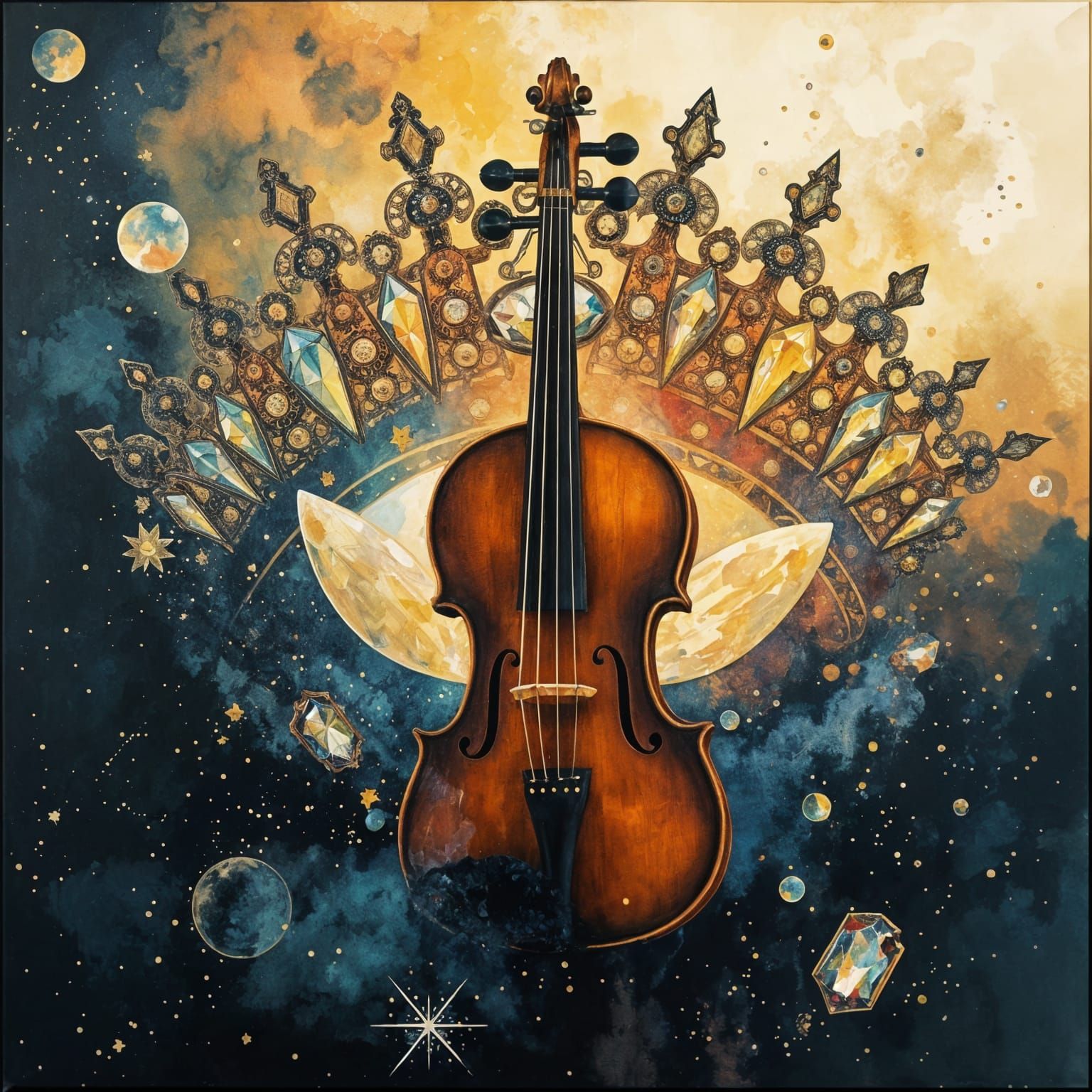 Surreal Masterpiece with Intricate Crown and Violin in Space