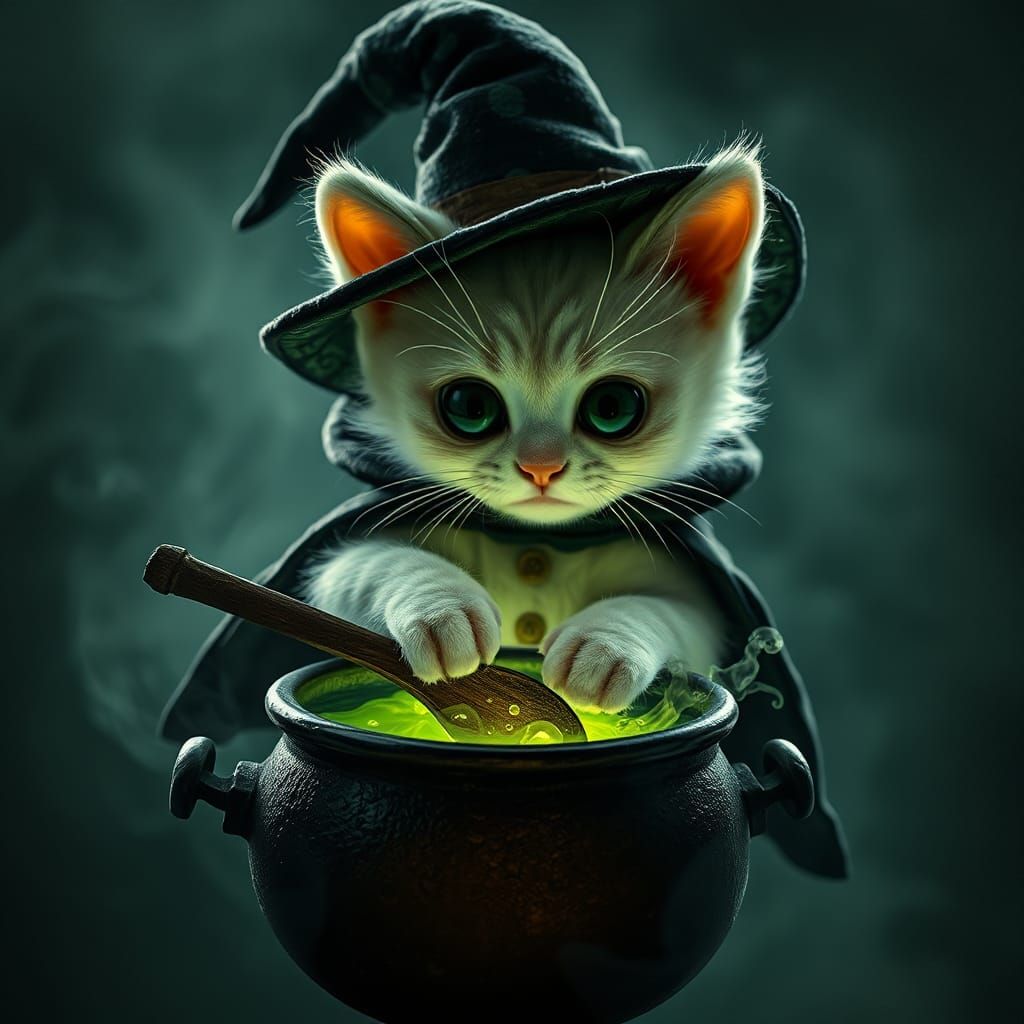 Whimsical Witch Kitten Stirring Magic Potion