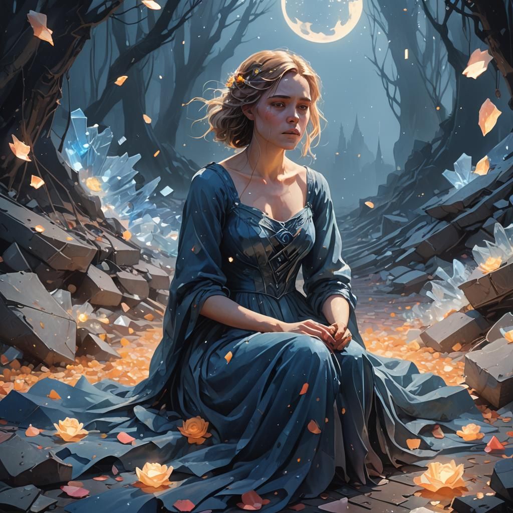 Heartbroken Woman Amidst Shattered Crystals in Ethereal Gard...