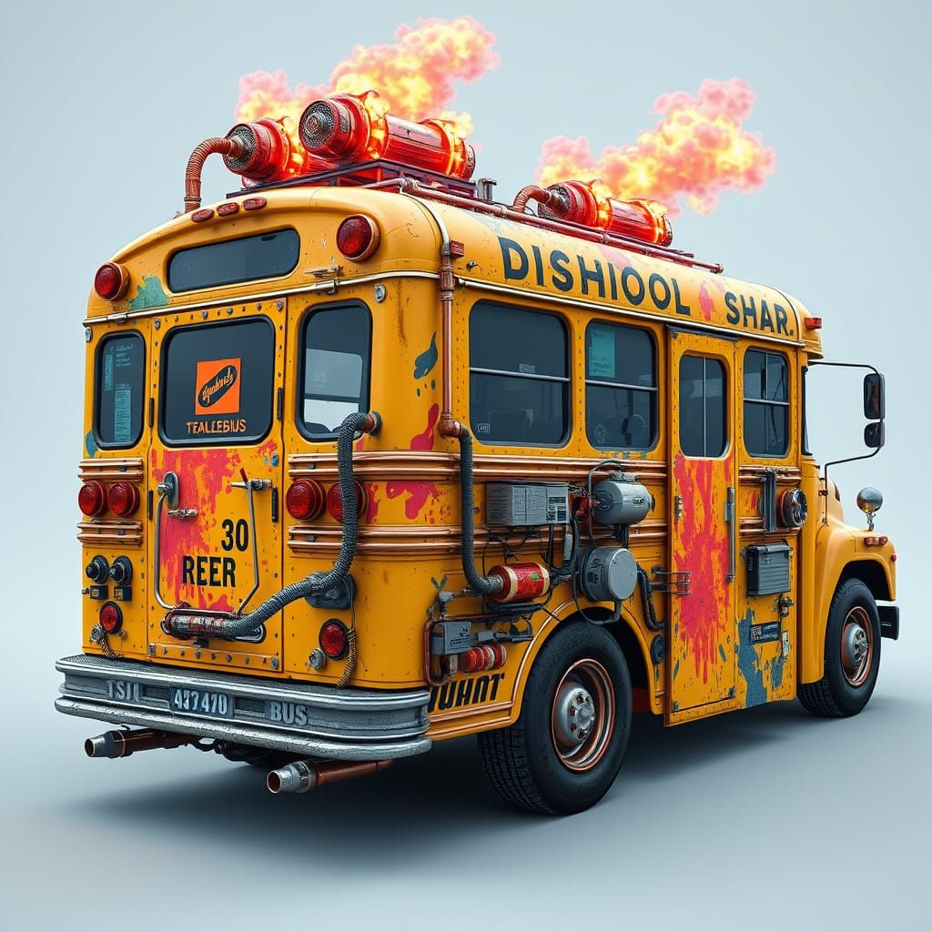 Futuristic Steampunk School Bus with Fusion Reactors