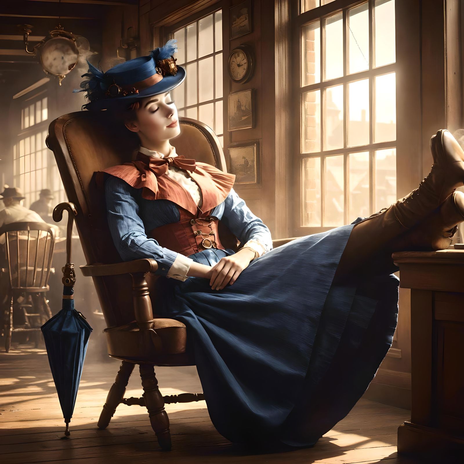 Steampunk Mary Poppins in Hyperrealistic Western Saloon