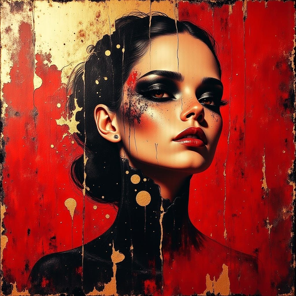 Red Morbid Painting with Gold Leaf Accents