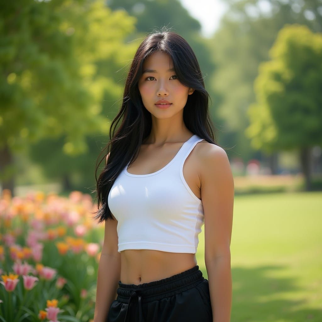 Realistic Portrait of an Asian-American Woman in Park