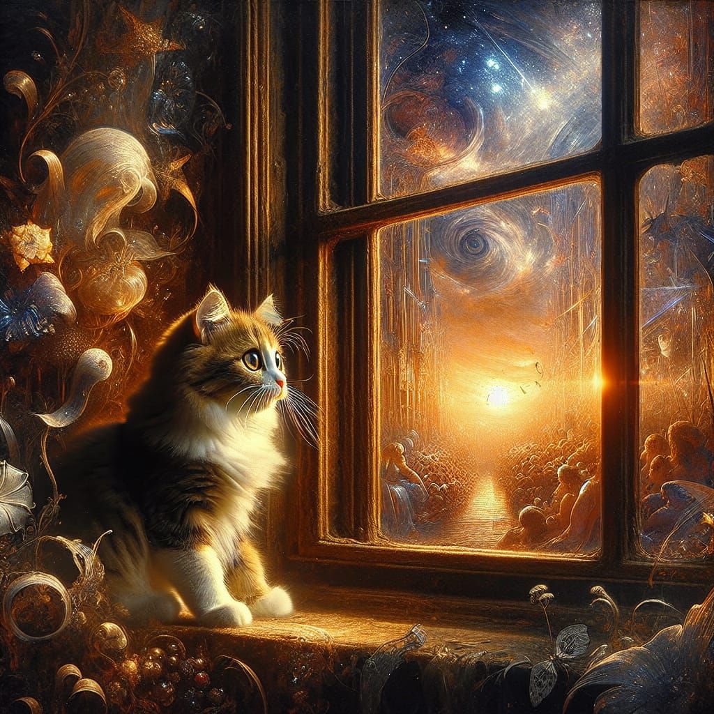 Cute Cat Gazing from Window in Flemish Realism Style